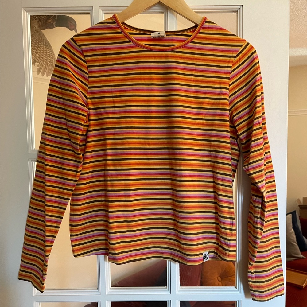 Striped Long-Sleeve Crewneck Top in Yellow and Pink